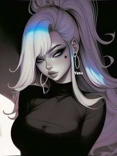 an illustration of a woman with long hair and piercings on her ears, wearing black