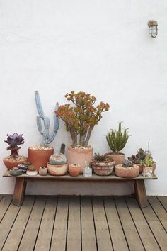 a wooden table topped with lots of potted plants