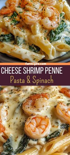 two pictures of different types of pasta with shrimp and spinach on top, one in the