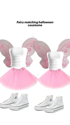 two pairs of white shoes with pink tutues and butterfly wings on them, one is