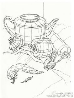 an ink drawing of a teapot and two alligators on the ground next to it