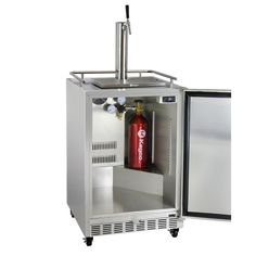 a stainless steel cabinet with a red fire extinguisher in the front and door open