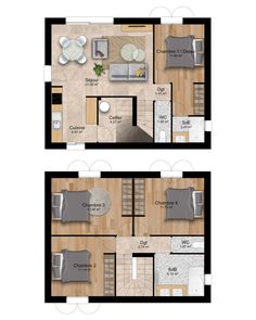 two floor plans showing the living room and dining area, with one bedroom on each side