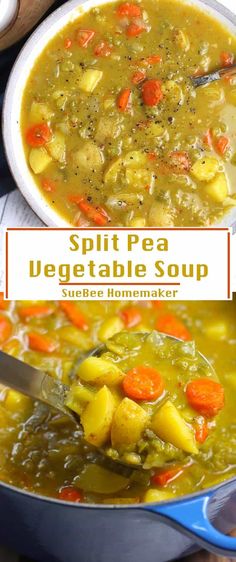 split pea vegetable soup in a pot with a spoon