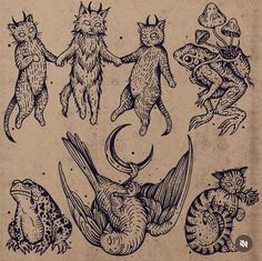 an old book with drawings of cats and birds in the shape of animals holding hands