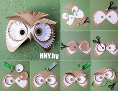 the instructions for how to make an owl mask with construction paper and scissors are shown