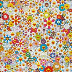 an abstract painting with many different colors and patterns on it, including flowers in the center