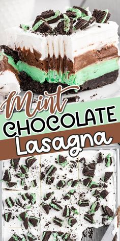 mint chocolate lasagna dessert with oreo cookies on top and the title overlay reads mint chocolate lasagna