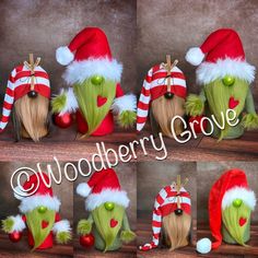 several images of the same green and red hat on top of a wooden headdress