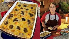 a woman in an apron standing next to a large casserole dish with mushrooms on it