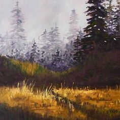 an oil painting of trees and grass in the woods on a foggy day,