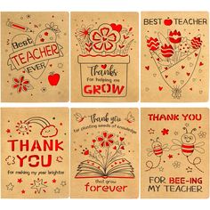 four thank you cards with flowers, books and hearts in red ink on brown paper