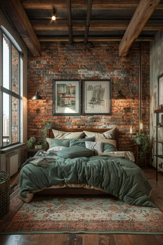 a bedroom with brick walls and flooring is pictured in this image, the bed has green comforters on it