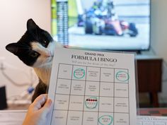 a black and white cat sitting on top of a table next to a person holding a paper