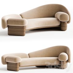 two different views of a modern couch with curved back and armrests, one in beige upholstered fabric