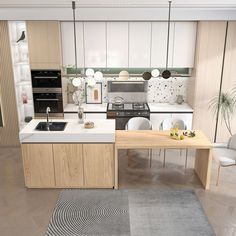 a modern kitchen with an island and dining table