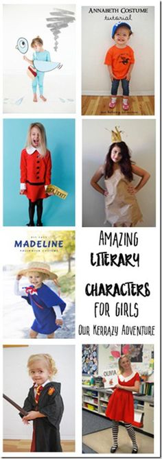 several children's character costumes are featured in this collage with the words amazing library characters for girls