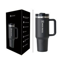 thermos travel mug is in front of a black box and it has its lid open