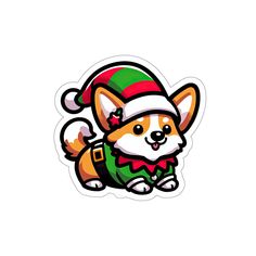 a sticker with an image of a corgi wearing a santa hat and scarf