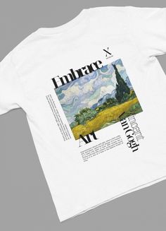 A classic T-shirt featuring an art design at the back with "Embrace Art" text, showcasing Van Gogh "Wheat Field with Cypresses" picture and description of his art. The shirt offers a neat, timeless look that can blend into any occasion, casual or semi-formal. Perfect for art enthusiasts and those who appreciate fine art, this tee brings a creative and cultured vibe to your wardrobe. Ideal for art-related holidays, museum visits, and art events. Product features - Shoulder tape for stability - Ribbed knit collar without seam for elasticity - Made from smooth and strong specially spun fibers - Medium fabric for year-round comfort - Ethically grown and harvested US cotton Care instructions - Machine wash: warm (max 40C or 105F) - Non-chlorine: bleach as needed - Tumble dry: medium - Do not ir Art Van, Wheat Fields, Artist Gifts, Post Impressionism, Text Art, Art Event, Artist Paint, Design Graphique, Van Gogh