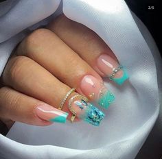 Quinceanera Nails, Beachy Nails, Nail Tip Designs, Turquoise Nails, Broken Nails, Stylish Nails Designs, Colored Acrylic Nails