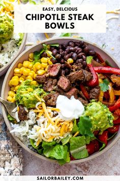 a bowl filled with meat, beans and veggies