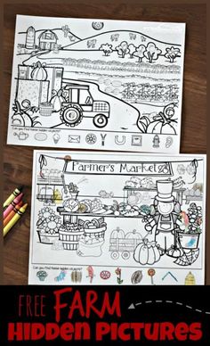 two farm coloring pages with the title free farm hidden pictures