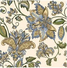 an ornate wallpaper with blue and green flowers on white background, in the style of art nouveauism