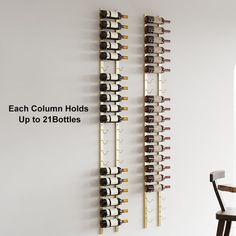 a wine rack with several bottles on it and the words each column holds up to 21 bottles