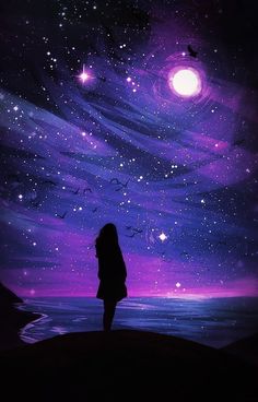 a person standing in front of a purple sky with stars