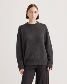 It's our classic crewneck sweater, supersized. With an extra-slouchy boyfriend fit, our cozy Mongolian Cashmere Oversized Crewneck Sweater is the quietly luxurious layer you've been looking for. We've upgraded it to be smoother, cozier, and more substantial than ever, with less pilling. Crafted in an indulgent medium-gauge cashmere knit with a wide-ribbed neckline and cuffs, it's the ultimate in coziness. Oversized Crewneck, Quarter Zip Sweater, Womens Cashmere, Just Run, Boyfriend Fit, Blouse Dress, Crewneck Sweater, Black Charcoal, Quince