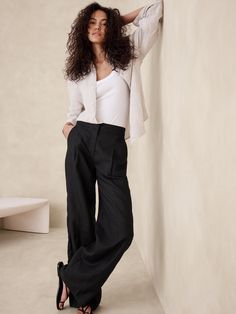 TENCEL™-Linen Wide-Leg Pant | Banana Republic Banana Republic Tencel Pants, Tencel Pants, Office Fits, Pleated Pant, Black Wide Leg Pants, Lightweight Pants, Petite Shorts, Cropped Vest, Wide Leg Linen Pants