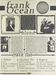 an advertisement for frank ocean's track list, which features photos of the band