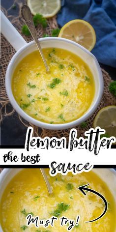 two bowls filled with soup next to lemons