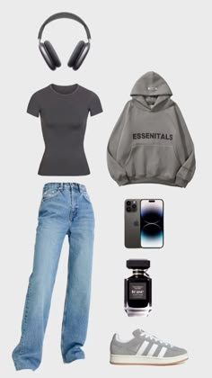 Grey outfit inspiration with grey adidas campus 00s, essential grey hoodie, basic jean, apple Airpod max, and Victoria’s secret perfume #fashion#clothes #outfitstyle #outfits #outfitpost #pinterestmarketing #pinterestfashion Gray Nike Sweatshirt Outfit, Grey Shirt Women Outfit, Essentials Hoodie Outfit Grey, Outfits With Gray Shirt, Grey Shoes Outfit Women, Outfit Ideas With Adidas Campus, Gray Essentials Hoodie Outfit