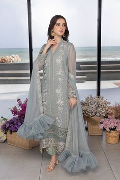 Azure FloralFringe HaniaAmir Luxe Hand Embellished 3pcs Feather Stencil, Trending Summer Nails, Floral Embroidered Shirt, Wedding Dress Types, Wedding Guest Formal, Hania Amir, Pakistani Style, Master Decor, Embroidered Chiffon