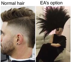 two pictures with different hair styles and the same man's hair cut in half