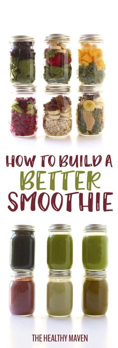 the cover of how to build a better smoothie, with six jars filled with different foods