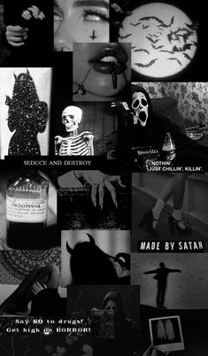 black and white collage with images of people in halloween costumes, bats, skulls, pumpkins