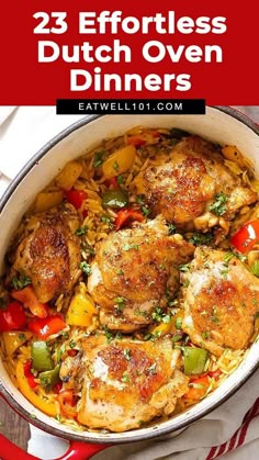 a red pot filled with chicken and vegetables on top of a white cloth next to a fork