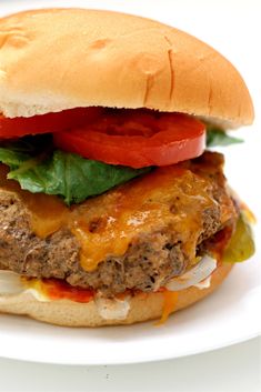 a cheeseburger with lettuce, tomato and onion on a white plate