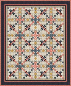 a quilt with many different colors and designs on the front, along with an orange border