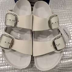 Brand New Birkenstocks White Big Buckle Leather. Classic And Versatile Cream Birkenstock, Antique White Birkenstocks, Black And White Birkenstocks, Birkenstock Madrid White, White Birkenstock, Birkenstock White, White Birkenstocks, Birkenstock Shoes, Birkenstock