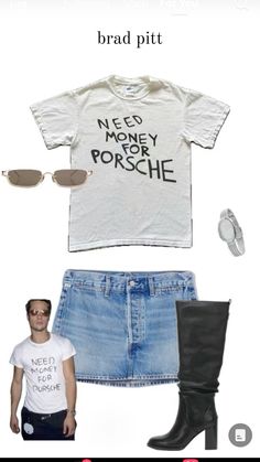 a white shirt and blue jean skirt with black boots, sunglasses and t - shirt that says need money porche