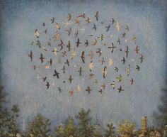 a painting of many birds flying in the sky