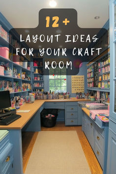 an organized craft room with blue cabinets and shelves