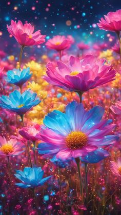 colorful flowers in the middle of a field with sparkles on it's petals