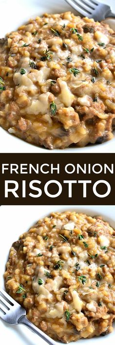 two plates with different types of food on them and the words french onion risotto