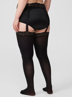 FitStretch fit. MATERIALS + CARENylon knit fabric. 80% nylon, 20% spandex.Machine wash cold. Tumble dry.Imported.DETAILS Opaque finish. Plus Size Thigh, Night Time Outfits, Garter Black, Have A Great Night, Black Stockings, Style Mistakes, Cozy Fall, Thigh High, Thigh Highs