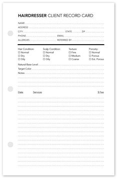 Keep track of your client’s info and color formulas with these simplified client record cards. Specs: Durable client record cards (14 pt. cover) Size: 8.5” x 5.5” (half-sheet) Note: No need to purchase additional client record cards when purchasing ourClient Profile Books (the maximum amount of client record cards come included). Client Record Cards Beauty, Hairstylist Client Record, Client Intake Form Hair, Client Consultation Forms Salon Hair, Hair Studio Ideas Small Spaces, Hair Salon Organization Ideas, Client Record Card, Client Card, Hair Consultation